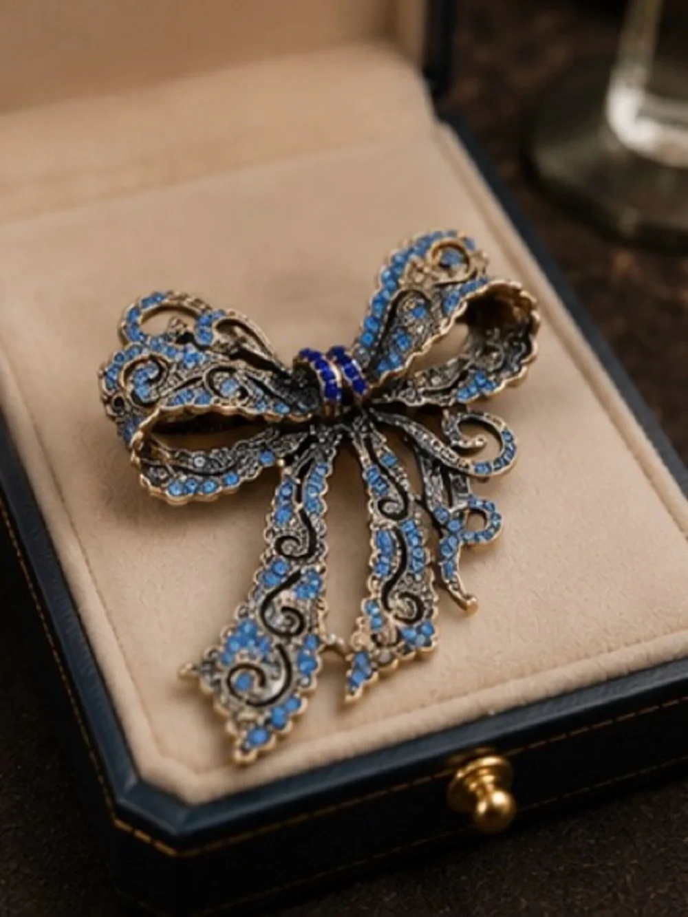Vintage Blue Crystal Bow Brooch | Rhinestone Ribbon Pin | Antique Gold Statement